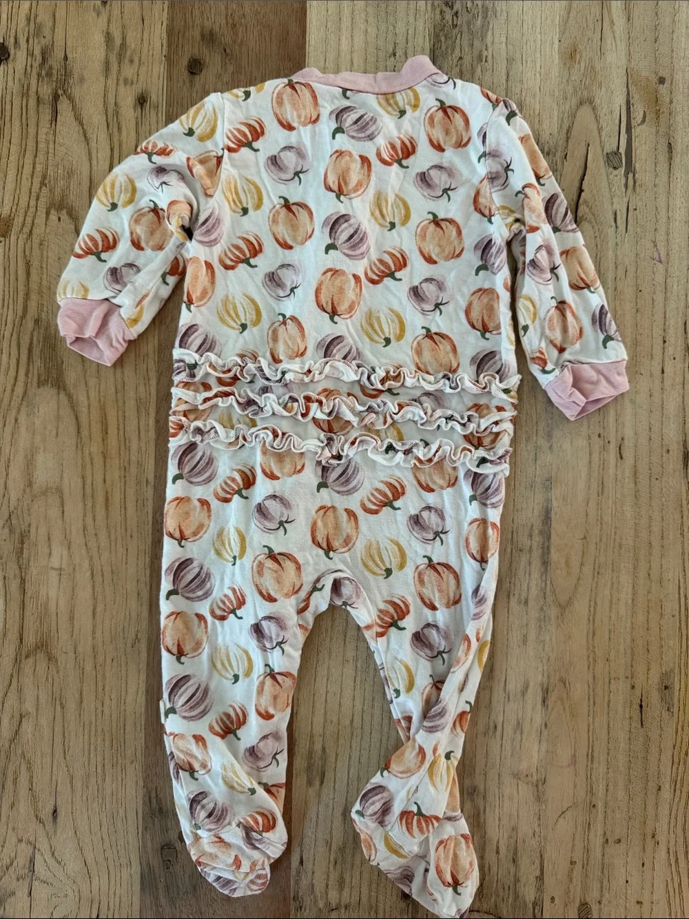 Pumpkin Print White Footie One-Piece with Pink Trim